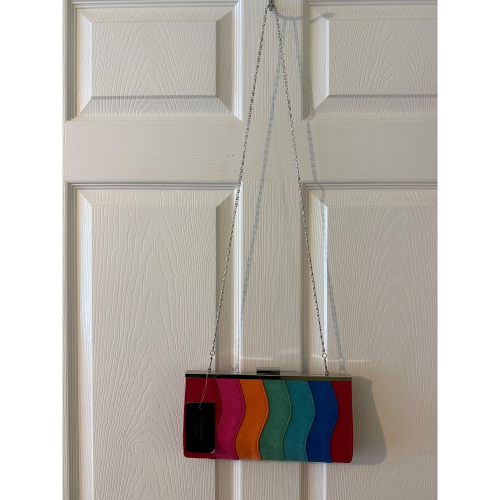 Dmargeaux Rainbow Suede Clutch Multi Color Wave Evening Bag Silver Chain New